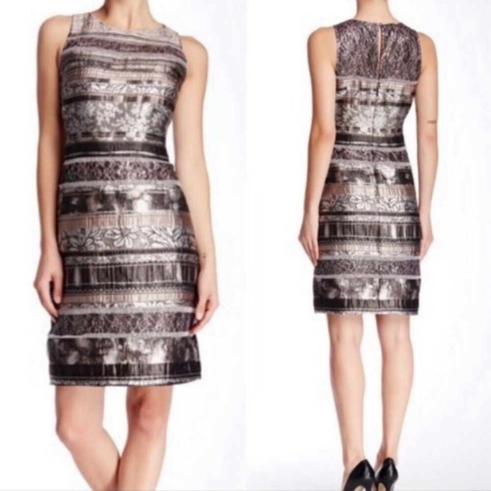 Kay Unger Metallic Mixed Media Cocktail Sheath Dress